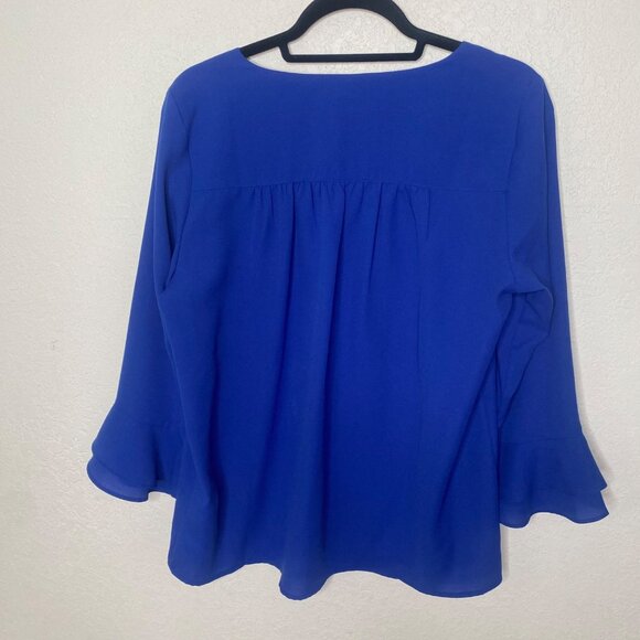 Lands End Womens Blue V-Neck Blouse Size 10 Long Bell Sleeves Made In Sri‎ Lanka - Picture 5 of 9